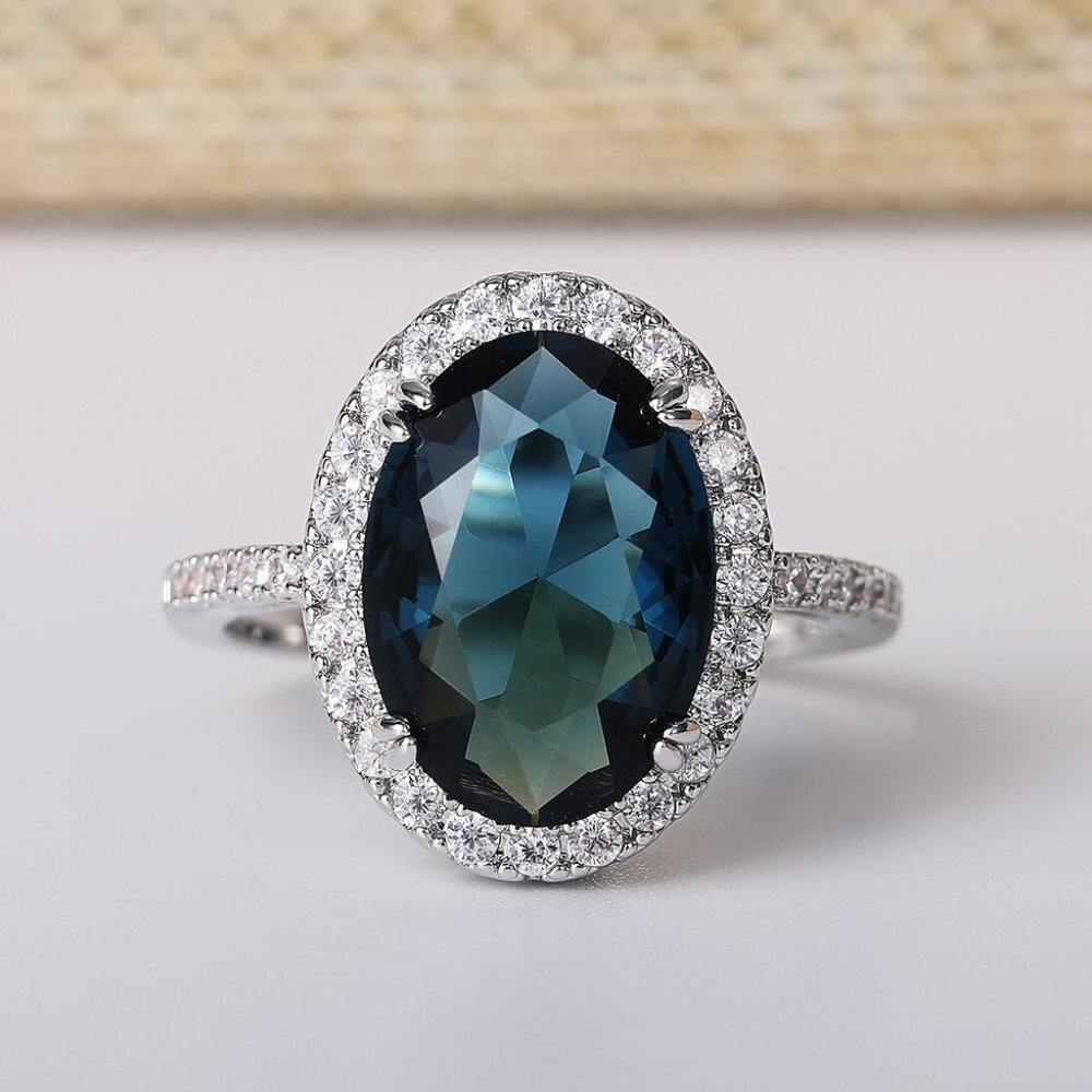 😍Noble Hollow Anillos Super Large Oval Pure Royal Blue CZ Silver Ring, L263 - Picture 5 of 9